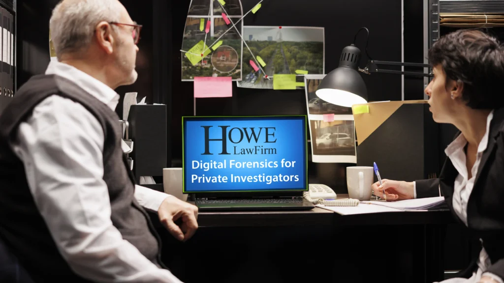 Man and woman, private investigators, reviewing Howe Law Firm's Digital Forensics services